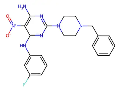2-(4-benzylpiperazin-1-yl)-N4-(3-fluorophenyl)-5-nitropyrimidine-4,6-diamine structure