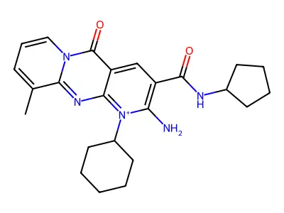 2-Amino-1-cyclohexyl-3-(cyclopentylcarbamoyl)-10-methyl-5-oxo-1,5-dihydrodipyrido[1,2-a:2',3'-d]pyrimidin-6-ium structure