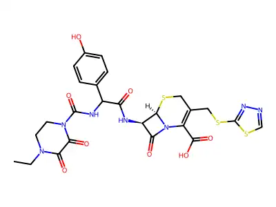 5-Thia-1-azabicyclo(4.2.0)oct-2-ene-2-carboxylic acid, 7-(((((4-ethyl-2,3-dioxo-1-piperazinyl)carbonyl)amino)(4-hydroxyphenyl)acetyl)amino)-8-oxo-3-((1,3,4-thiadiazol-2-ylthio)methyl)-, (6R-(6-alpha,7-beta(R*)))- structure