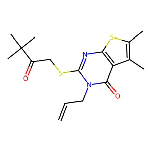 2-[(3,3-dimethyl-2-oxobutyl)sulfanyl]-5,6-dimethyl-3-(prop-2-en-1-yl)thieno[2,3-d]pyrimidin-4(3H)-one structure
