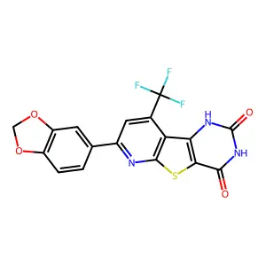 7-(2H-benzo[3,4-d]1,3-dioxolen-5-yl)-9-(trifluoromethyl)-1,3-dihydropyrimidino [4',5'-5,4]thiopheno[2,3-b]pyridine-2,4-dione structure