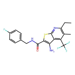 3-amino-6-ethyl-N-(4-fluorobenzyl)-5-methyl-4-(trifluoromethyl)thieno[2,3-b]pyridine-2-carboxamide structure