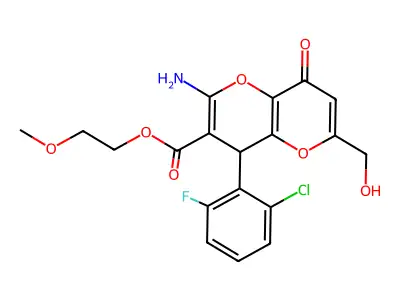 2-methoxyethyl 2-amino-4-(2-chloro-6-fluorophenyl)-6-(hydroxymethyl)-8-oxo-4,8-dihydropyrano[3,2-b]pyran-3-carboxylate structure