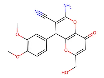 2-amino-4-(3,4-dimethoxyphenyl)-6-(hydroxymethyl)-8-oxo-4,8-dihydropyrano[3,2-b]pyran-3-carbonitrile structure