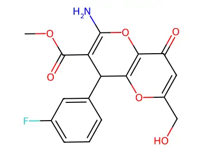 methyl 2-amino-4-(3-fluorophenyl)-6-(hydroxymethyl)-8-oxo-4,8-dihydropyrano[3,2-b]pyran-3-carboxylate structure