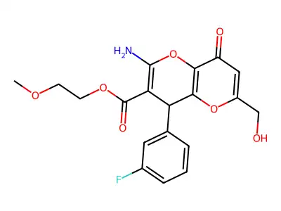 2-methoxyethyl 2-amino-4-(3-fluorophenyl)-6-(hydroxymethyl)-8-oxo-4,8-dihydropyrano[3,2-b]pyran-3-carboxylate structure