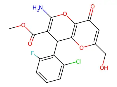 methyl 2-amino-4-(2-chloro-6-fluorophenyl)-6-(hydroxymethyl)-8-oxo-4,8-dihydropyrano[3,2-b]pyran-3-carboxylate structure