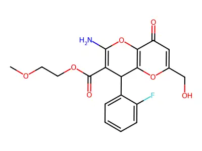 2-methoxyethyl 2-amino-4-(2-fluorophenyl)-6-(hydroxymethyl)-8-oxo-4,8-dihydropyrano[3,2-b]pyran-3-carboxylate structure