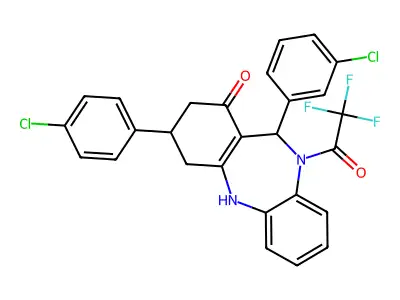 6-(3-chlorophenyl)-9-(4-chlorophenyl)-5-(2,2,2-trifluoroacetyl)-8,9,10,11-tetrahydro-6H-benzo[b][1,4]benzodiazepin-7-one structure