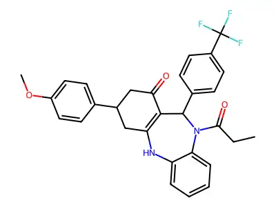 1-{1-hydroxy-3-(4-methoxyphenyl)-11-[4-(trifluoromethyl)phenyl]-2,3,4,11-tetrahydro-10H-dibenzo[b,e][1,4]diazepin-10-yl}propan-1-one structure