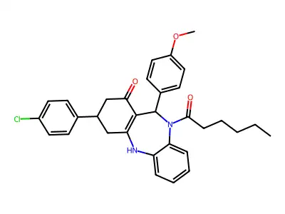 9-(4-chlorophenyl)-5-hexanoyl-6-(4-methoxyphenyl)-8,9,10,11-tetrahydro-6H-benzo[b][1,4]benzodiazepin-7-one structure