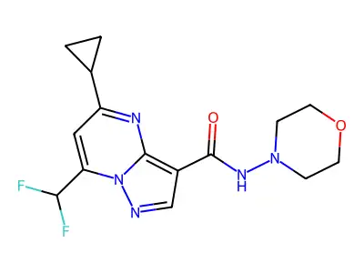 5-cyclopropyl-7-(difluoromethyl)-N-morpholin-4-ylpyrazolo[1,5-a]pyrimidine-3-carboxamide structure