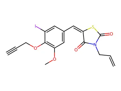 (5E)-5-[(3-iodo-5-methoxy-4-prop-2-ynoxyphenyl)methylidene]-3-prop-2-enyl-1,3-thiazolidine-2,4-dione structure