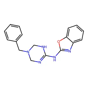 N-(5-benzyl-1,4,5,6-tetrahydro-1,3,5-triazin-2-yl)-1,3-benzoxazol-2-amine structure