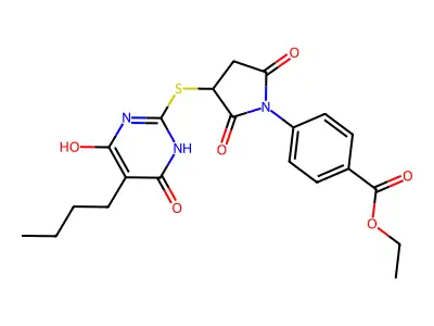 ethyl 4-{3-[(5-butyl-4,6-dihydroxypyrimidin-2-yl)sulfanyl]-2,5-dioxopyrrolidin-1-yl}benzoate structure