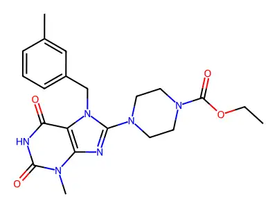 ethyl 4-[3-methyl-7-[(3-methylphenyl)methyl]-2,6-dioxopurin-8-yl]piperazine-1-carboxylate structure