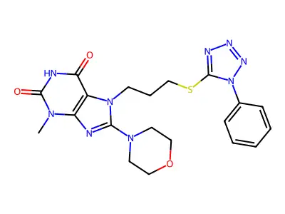 3-methyl-8-(morpholin-4-yl)-7-{3-[(1-phenyl-1H-1,2,3,4-tetrazol-5-yl)sulfanyl]propyl}-2,3,6,7-tetrahydro-1H-purine-2,6-dione structure