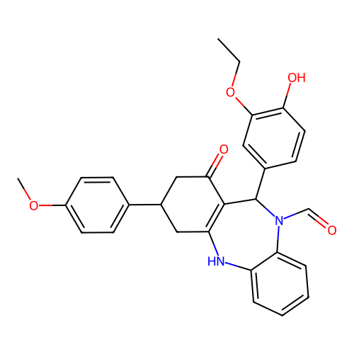 11-(3-ethoxy-4-hydroxyphenyl)-1-hydroxy-3-(4-methoxyphenyl)-2,3,4,11-tetrahydro-10H-dibenzo[b,e][1,4]diazepine-10-carbaldehyde structure