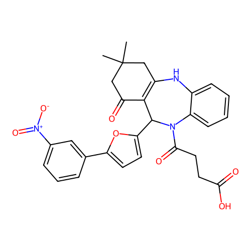 4-{1-hydroxy-3,3-dimethyl-11-[5-(3-nitrophenyl)furan-2-yl]-2,3,4,11-tetrahydro-10H-dibenzo[b,e][1,4]diazepin-10-yl}-4-oxobutanoic acid structure