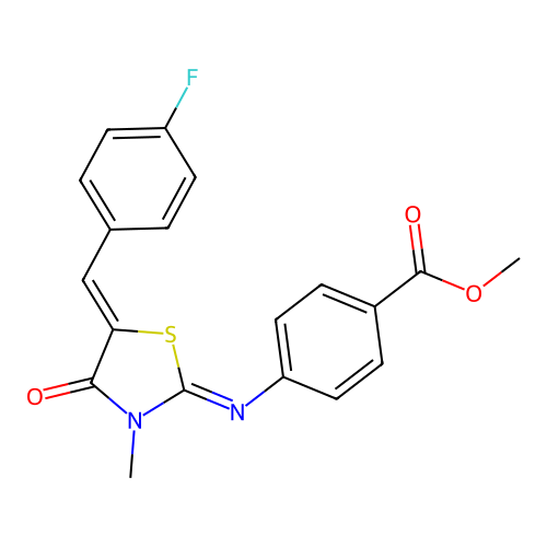 methyl 4-((E)-((Z)-5-(4-fluorobenzylidene)-3-methyl-4-oxothiazolidin-2-ylidene)amino)benzoate structure