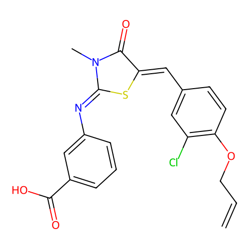 3-({(2E,5Z)-5-[3-chloro-4-(prop-2-en-1-yloxy)benzylidene]-3-methyl-4-oxo-1,3-thiazolidin-2-ylidene}amino)benzoic acid structure