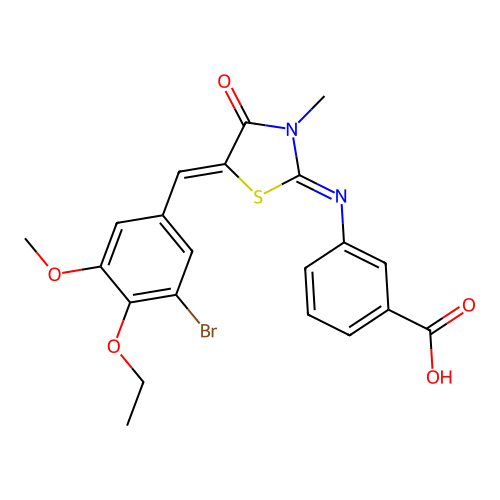 3-((E)-((Z)-5-(3-bromo-4-ethoxy-5-methoxybenzylidene)-3-methyl-4-oxothiazolidin-2-ylidene)amino)benzoic acid structure