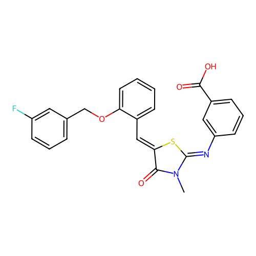 3-{[(2E,5Z)-5-{2-[(3-fluorobenzyl)oxy]benzylidene}-3-methyl-4-oxo-1,3-thiazolidin-2-ylidene]amino}benzoic acid structure