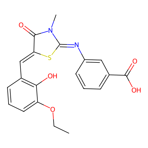 3-((E)-((Z)-5-(3-ethoxy-2-hydroxybenzylidene)-3-methyl-4-oxothiazolidin-2-ylidene)amino)benzoic acid structure