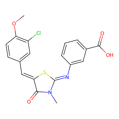 3-((E)-((Z)-5-(3-chloro-4-methoxybenzylidene)-3-methyl-4-oxothiazolidin-2-ylidene)amino)benzoic acid structure