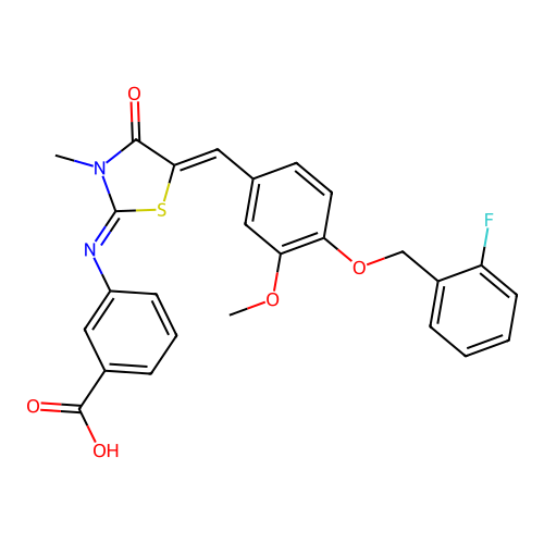 3-((E)-((Z)-5-(4-((2-fluorobenzyl)oxy)-3-methoxybenzylidene)-3-methyl-4-oxothiazolidin-2-ylidene)amino)benzoic acid structure