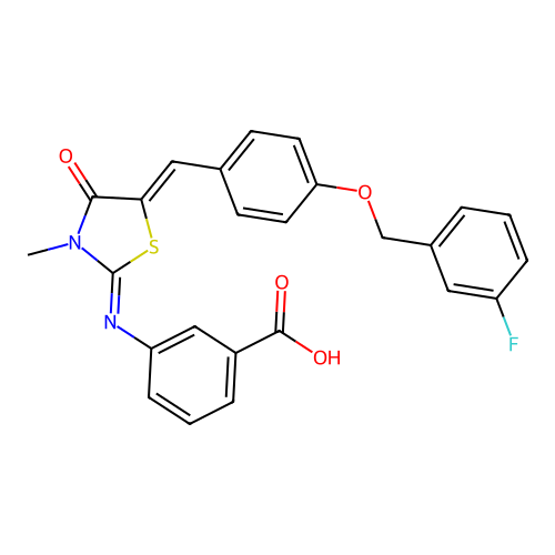 3-{[(2E,5Z)-5-{4-[(3-fluorobenzyl)oxy]benzylidene}-3-methyl-4-oxo-1,3-thiazolidin-2-ylidene]amino}benzoic acid structure
