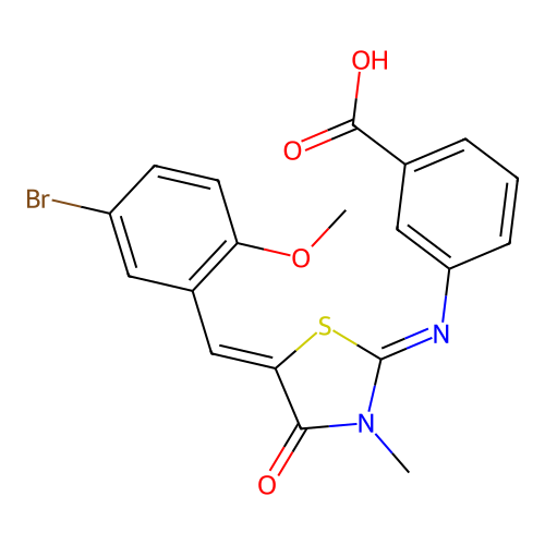 3-{[(2E,5Z)-5-(5-bromo-2-methoxybenzylidene)-3-methyl-4-oxo-1,3-thiazolidin-2-ylidene]amino}benzoic acid structure