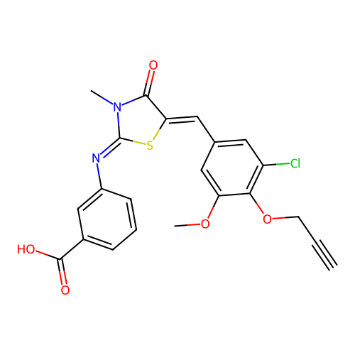 3-((E)-((Z)-5-(3-chloro-5-methoxy-4-(prop-2-yn-1-yloxy)benzylidene)-3-methyl-4-oxothiazolidin-2-ylidene)amino)benzoic acid structure
