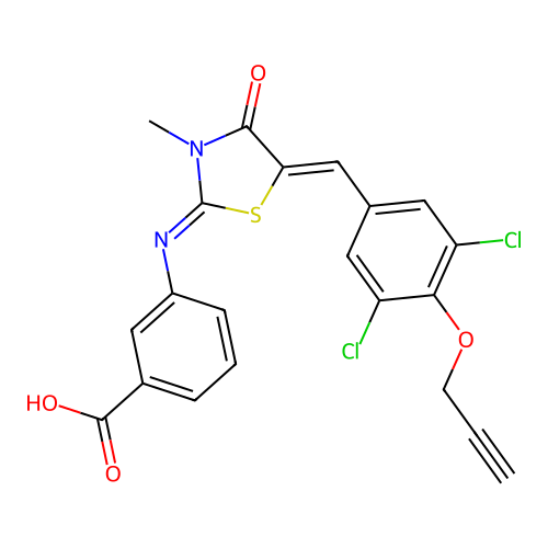 3-((E)-((Z)-5-(3,5-dichloro-4-(prop-2-yn-1-yloxy)benzylidene)-3-methyl-4-oxothiazolidin-2-ylidene)amino)benzoic acid structure