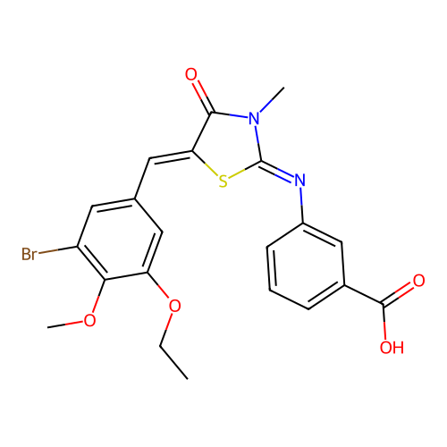 3-((E)-((Z)-5-(3-bromo-5-ethoxy-4-methoxybenzylidene)-3-methyl-4-oxothiazolidin-2-ylidene)amino)benzoic acid structure