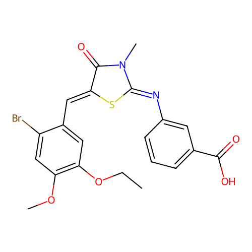 3-((E)-((Z)-5-(2-bromo-5-ethoxy-4-methoxybenzylidene)-3-methyl-4-oxothiazolidin-2-ylidene)amino)benzoic acid structure