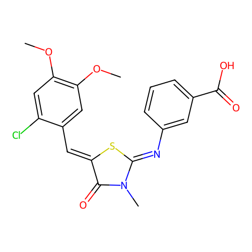 3-((E)-((Z)-5-(2-chloro-4,5-dimethoxybenzylidene)-3-methyl-4-oxothiazolidin-2-ylidene)amino)benzoic acid structure