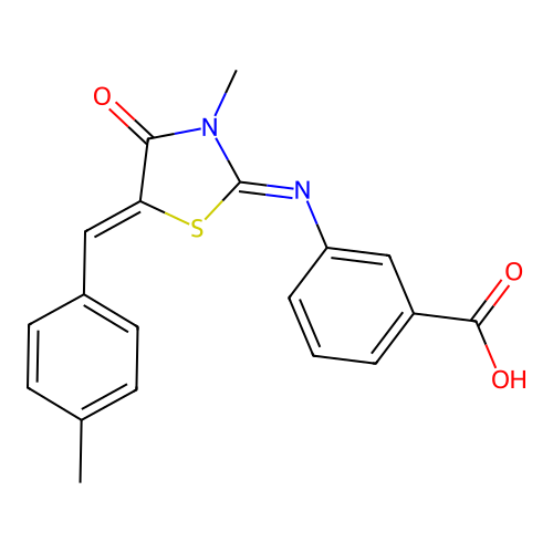 3-{[(2E,5Z)-3-methyl-5-(4-methylbenzylidene)-4-oxo-1,3-thiazolidin-2-ylidene]amino}benzoic acid structure