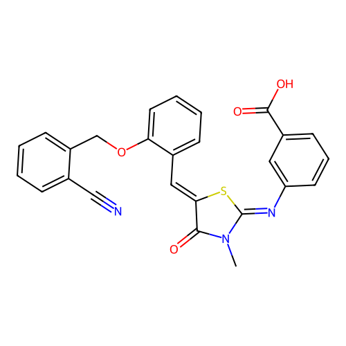3-((E)-((Z)-5-(2-((2-cyanobenzyl)oxy)benzylidene)-3-methyl-4-oxothiazolidin-2-ylidene)amino)benzoic acid structure