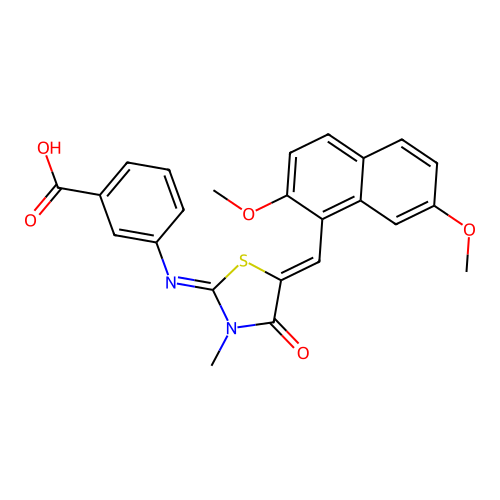 3-({(2E,5Z)-5-[(2,7-dimethoxynaphthalen-1-yl)methylidene]-3-methyl-4-oxo-1,3-thiazolidin-2-ylidene}amino)benzoic acid structure