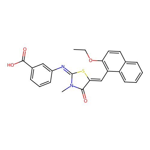 3-((E)-((Z)-5-((2-ethoxynaphthalen-1-yl)methylene)-3-methyl-4-oxothiazolidin-2-ylidene)amino)benzoic acid structure