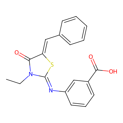 3-[(5-benzylidene-3-ethyl-4-oxo-1,3-thiazolidin-2-ylidene)amino]benzoic Acid structure