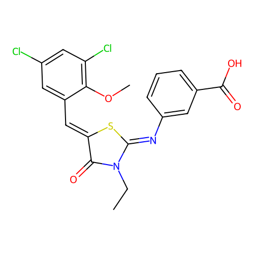 3-{[(2E,5Z)-5-(3,5-dichloro-2-methoxybenzylidene)-3-ethyl-4-oxo-1,3-thiazolidin-2-ylidene]amino}benzoic acid structure