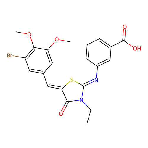 3-((E)-((Z)-5-(3-bromo-4,5-dimethoxybenzylidene)-3-ethyl-4-oxothiazolidin-2-ylidene)amino)benzoic acid structure