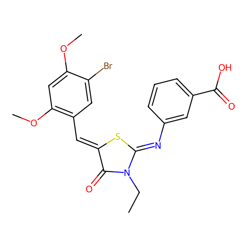 3-((E)-((Z)-5-(5-bromo-2,4-dimethoxybenzylidene)-3-ethyl-4-oxothiazolidin-2-ylidene)amino)benzoic acid structure