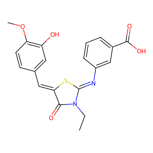 3-((E)-((Z)-3-ethyl-5-(3-hydroxy-4-methoxybenzylidene)-4-oxothiazolidin-2-ylidene)amino)benzoic acid structure