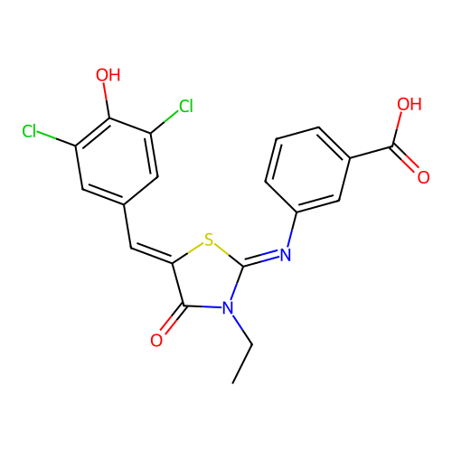 3-{[(2E,5Z)-5-(3,5-dichloro-4-hydroxybenzylidene)-3-ethyl-4-oxo-1,3-thiazolidin-2-ylidene]amino}benzoic acid structure