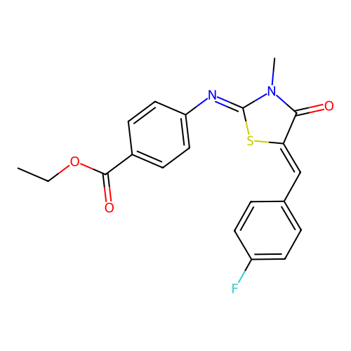 ethyl 4-((E)-((Z)-5-(4-fluorobenzylidene)-3-methyl-4-oxothiazolidin-2-ylidene)amino)benzoate structure