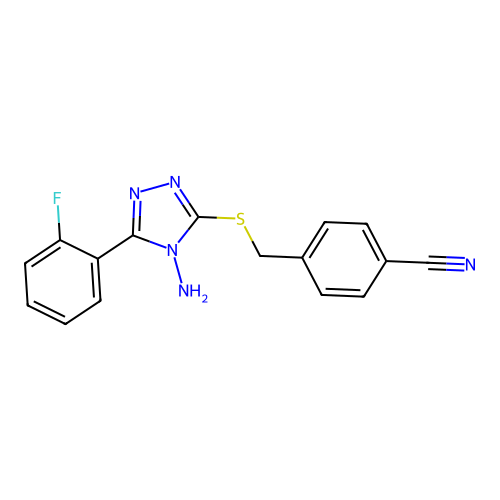 4-(((4-amino-5-(2-fluorophenyl)-4H-1,2,4-triazol-3-yl)thio)methyl)benzonitrile structure