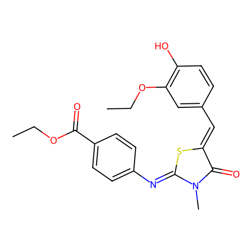 ethyl 4-((E)-((Z)-5-(3-ethoxy-4-hydroxybenzylidene)-3-methyl-4-oxothiazolidin-2-ylidene)amino)benzoate structure